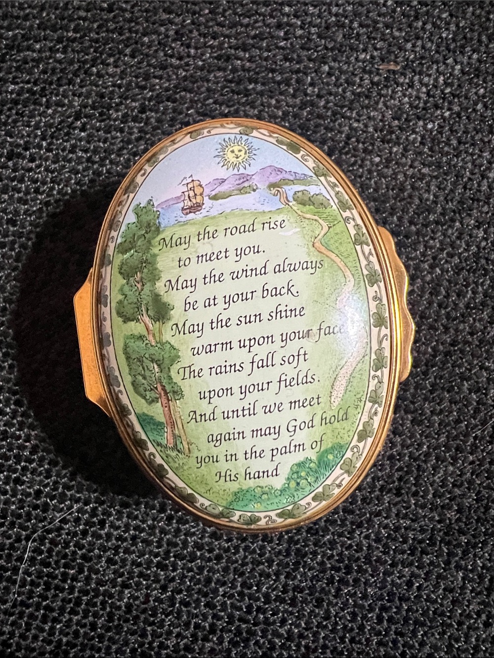 Halcyon Days England Oval Gold Tone Trinket Box with Irish Blessing